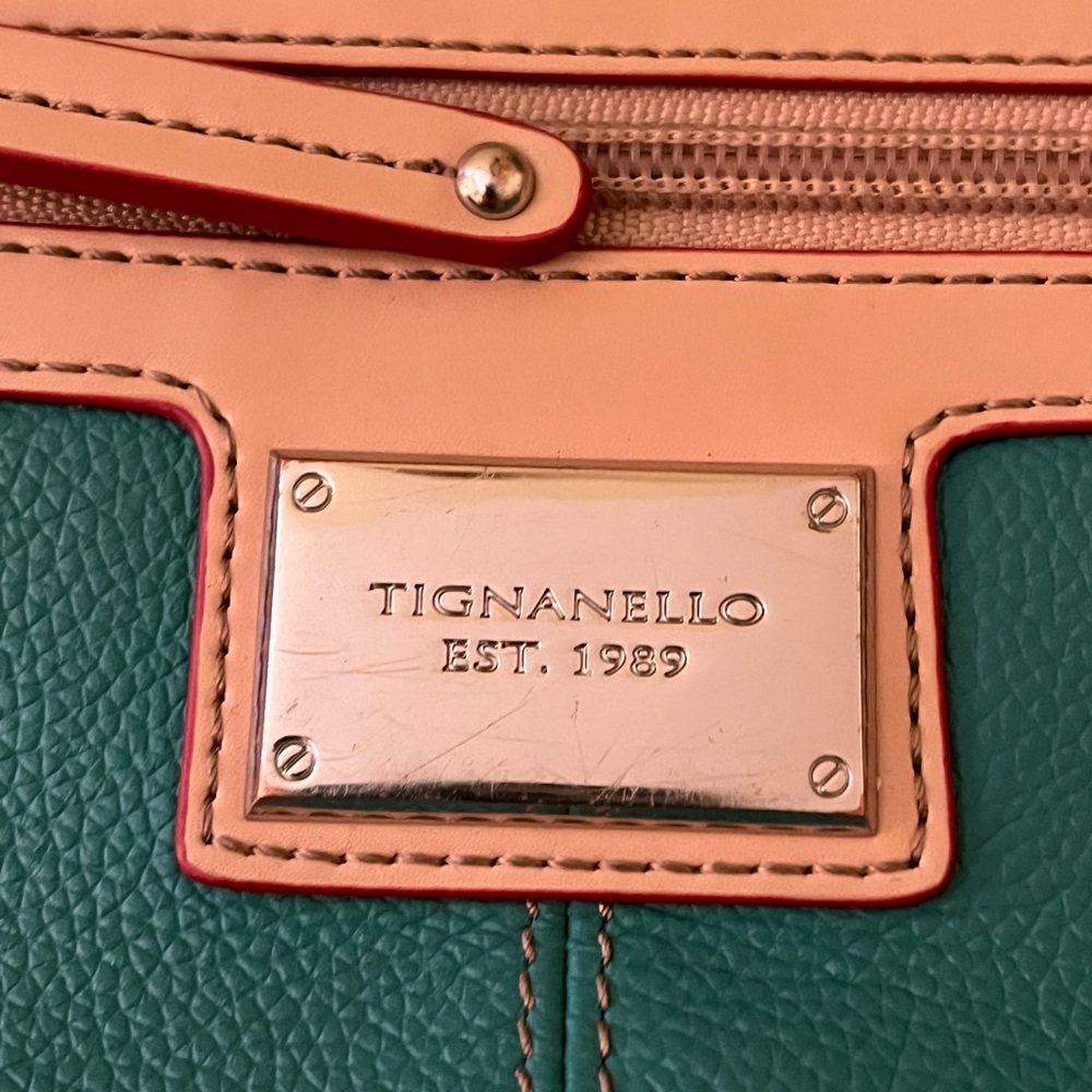 Tignanello Teal and Peach Leather Accent Handbag